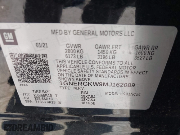 2021 Chevrolet Traverse LT Cloth with VIN 1GNERGKW9MJ162089, listed as a IAAI auction lot 41944248 with 99,586 mi miles. Bid and sale history available at carsss.com. Image 9.