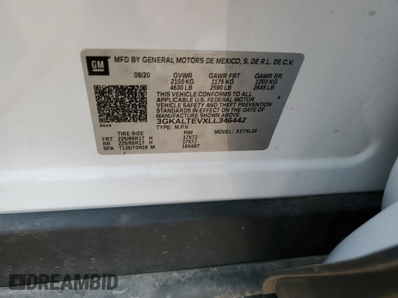 2020 GMC Terrain SLE z VIN 3GKALTEVXLL346442, wystawiony jako Copart lot #52283225 z przebiegiem 73 217 mil mil oraz Szkoda całkowita • Salvage title. Historia ofert i sprzedaży dostępna na DreamBid. Obrazek 13.