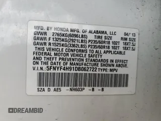2013 Honda Pilot Touring z VIN 5FNYF4H91DB062722, wystawiony jako Copart lot #58308165 z przebiegiem 130 896 mil mil oraz Szkoda całkowita • Salvage title. Historia ofert i sprzedaży dostępna na DreamBid. Obrazek 13.