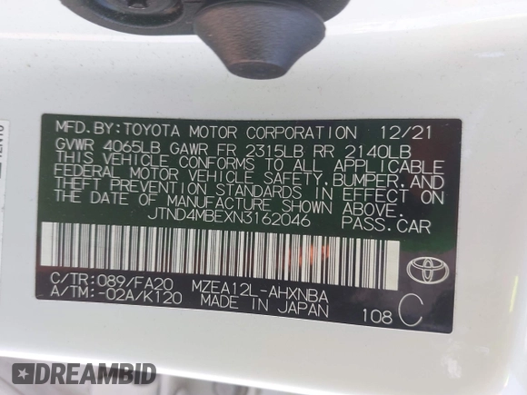 2022 Toyota Corolla SE with VIN JTND4MBEXN3162046, listed as a IAAI auction lot 42058485 with 70,799 mi miles and . Bid and sale history available at DreamBid. Image 9.