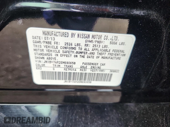 2014 Infiniti Q50 Sport with VIN JN1BV7AR2EM690658, listed as a Copart auction lot 64209225 with 179,629 mi miles and Salvage title. Bid and sale history available at DreamBid. Image 12.