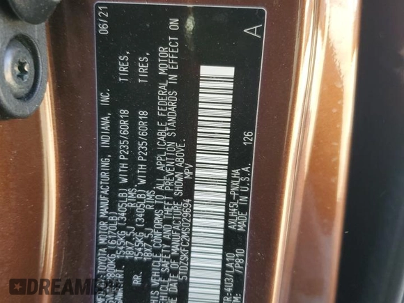 2021 Toyota Sienna Limited with VIN 5TDZSKFC2MS029694, listed as a Copart auction lot 86197064 with 27,881 mi miles and Salvage Title. Bid and sale history available at DreamBid. Image 13.