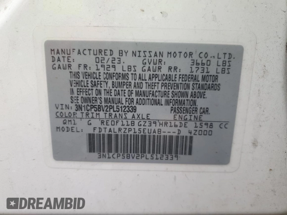 2023 Nissan Kicks S z VIN 3N1CP5BV2PL512339, wystawiony jako Copart lot #59963495 z przebiegiem 93 214 mil mil oraz Czysty tytuł • Clean title. Historia ofert i sprzedaży dostępna na DreamBid. Obrazek 12.