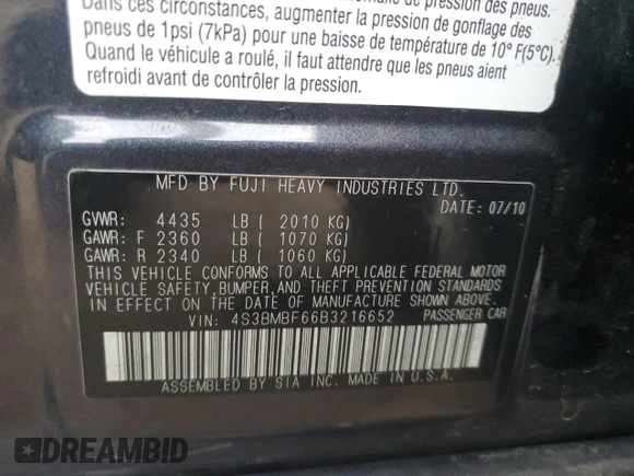 2011 Subaru Legacy Premium with VIN 4S3BMBF66B3216652, listed as a Copart auction lot 77377794 with Not provided miles and Salvage title. Bid and sale history available at DreamBid. Image 12.