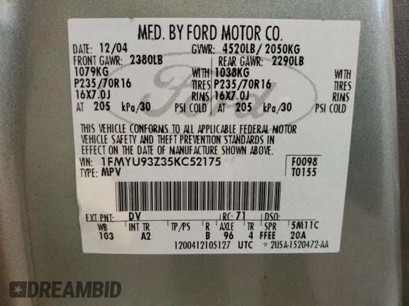 2005 Ford Escape XLT with VIN 1FMYU93Z35KC52175, listed as a Copart auction lot 71214694 with 125,278 mi miles and Salvage Title. Bid and sale history available at carsss.com. Image 13.