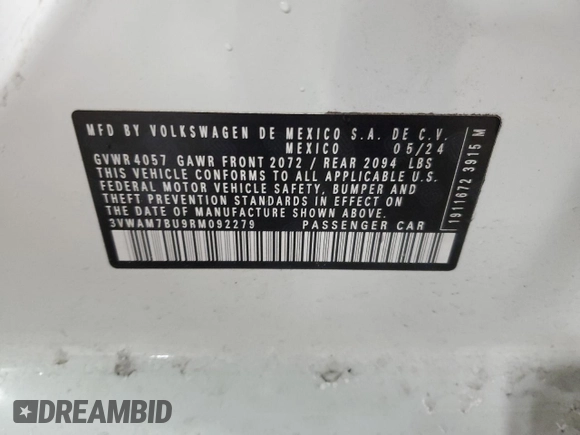 2024 Volkswagen Jetta Sport z VIN 3VWAM7BU9RM092279, wystawiony jako Copart lot #83995304 z przebiegiem 1 439 mil mil oraz Szkoda całkowita • Salvage title. Historia ofert i sprzedaży dostępna na DreamBid. Obrazek 12.