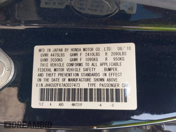 2010 Acura TSX with VIN JH4CU2F67AC037473, listed as a IAAI auction lot 42021853 with 182,648 mi miles. Bid and sale history available at carsss.com. Image 9.