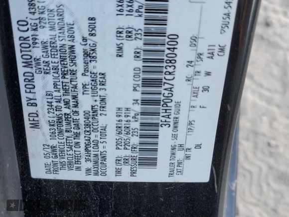 2012 Ford Fusion S with VIN 3FAHP0GA7CR380400, listed as a Copart auction lot 75003834 with 114,217 mi miles and Salvage Title. Bid and sale history available at carsss.com. Image 12.