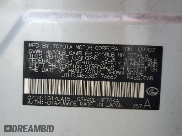2008 Lexus ES with VIN JTHBJ46G382174662, listed as a Copart auction lot 52426855 with 114,495 mi miles and Salvage Title. Bid and sale history available at carsss.com. Image 12.
