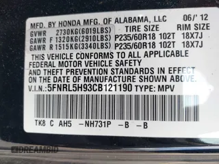 2012 Honda Odyssey Touring with VIN 5FNRL5H93CB121190, listed as a IAAI auction lot 42223998 with 154,358 mi miles and . Bid and sale history available at DreamBid. Image 9.