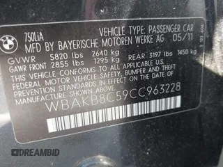2012 BMW 7 Series 750Li with VIN WBAKB8C59CC963228, listed as a IAAI auction lot 42625772 with 136,751 mi miles and . Bid and sale history available at DreamBid. Image 9.