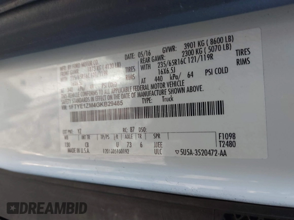 2016 Ford Transit Cargo с VIN 1FTYE1ZM4GKB29485, выставлен на аукционе IAAI как лот 41196180 с пробегом 181 995 миль миль и . История ставок и продаж доступна на DreamBid. Изображение 9.