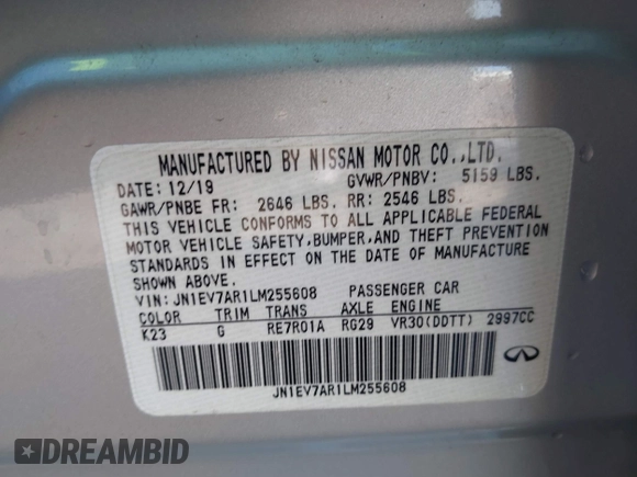 2020 Infiniti Q50 with VIN JN1EV7AR1LM255608, listed as a IAAI auction lot 40996273 with 89,540 mi miles and . Bid and sale history available at DreamBid. Image 9.