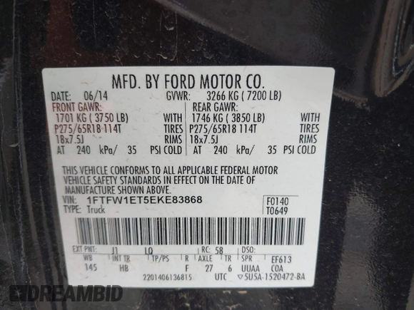 2014 Ford F-150 XL with VIN 1FTFW1ET5EKE83868, listed as a IAAI auction lot 42159157 with 173,606 mi miles. Bid and sale history available at carsss.com. Image 9.