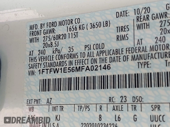 2021 Ford F-150 XL with VIN 1FTFW1E56MFA02146, listed as a IAAI auction lot 41245497 with 1 mi miles. Bid and sale history available at carsss.com. Image 9.