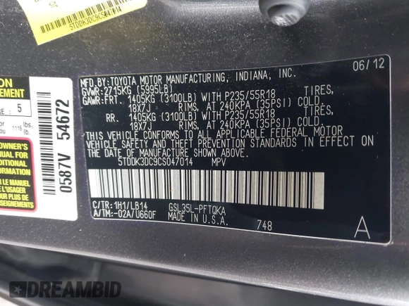 2012 Toyota Sienna XLE with VIN 5TDDK3DC9CS047014, listed as a IAAI auction lot 41551585 with 164,440 mi miles. Bid and sale history available at carsss.com. Image 9.