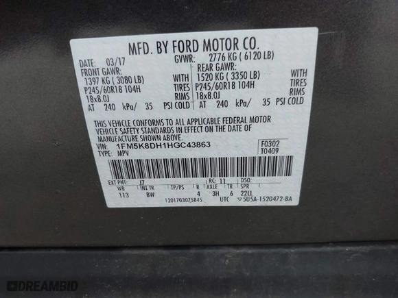 2017 Ford Explorer XLT with VIN 1FM5K8DH1HGC43863, listed as a IAAI auction lot 42064163 with 149,062 mi miles. Bid and sale history available at carsss.com. Image 9.
