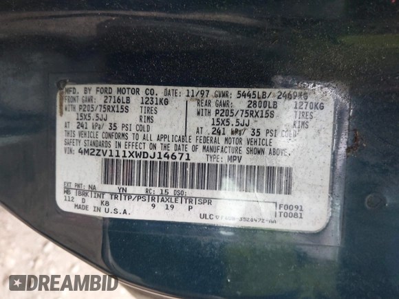 1998 Mercury Villager z VIN 4M2ZV111XWDJ14671, wystawiony jako IAAI lot #42025401 z przebiegiem 133 162 mil mil oraz . Historia ofert i sprzedaży dostępna na DreamBid. Obrazek 9.