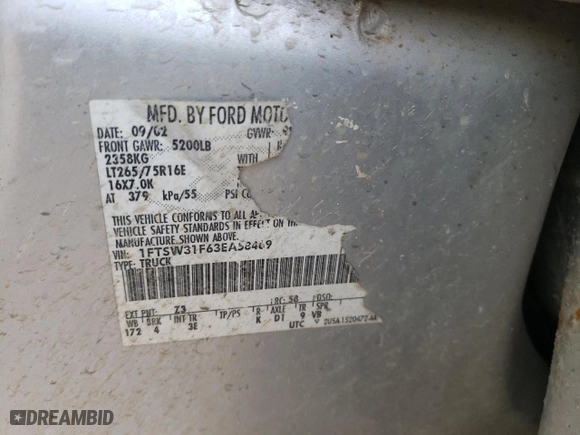 2003 Ford Super Duty F-350 SRW XL with VIN 1FTSW31F63EA58469, listed as a Copart auction lot 82842143 with 0 mi miles and Salvage Title. Bid and sale history available at carsss.com. Image 12.