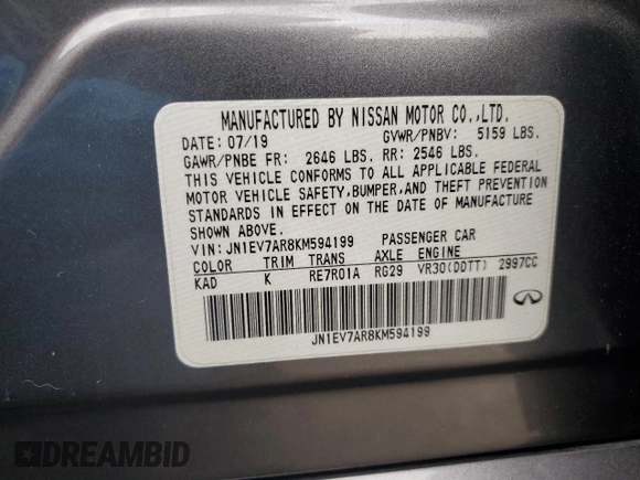 2019 Infiniti Q50 Luxe с VIN JN1EV7AR8KM594199, выставлен на аукционе Copart как лот 53190725 с пробегом 82 879 миль миль и Списание • Salvage title. История ставок и продаж доступна на DreamBid. Изображение 14.