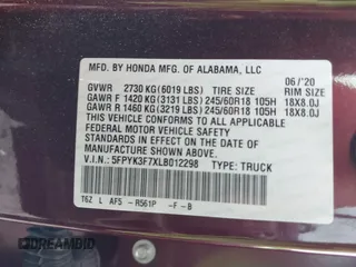 2020 Honda Ridgeline RTL-E with VIN 5FPYK3F7XLB012298, listed as a IAAI auction lot 42230880 with 48,252 mi miles and . Bid and sale history available at DreamBid. Image 9.