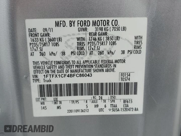 2011 Ford F-150 XL with VIN 1FTFX1CF4BFC86043, listed as a Copart auction lot 62817935 with 284,163 mi miles and Salvage title. Bid and sale history available at DreamBid. Image 12.