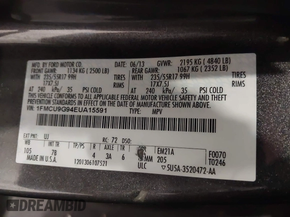 2014 Ford Escape SE с VIN 1FMCU9G94EUA15591, выставлен на аукционе IAAI как лот 42454617 с пробегом 146 029 миль миль и . История ставок и продаж доступна на DreamBid. Изображение 9.