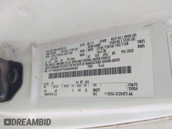 2013 Ford Econoline Cargo Commercial with VIN 1FTNS2EW7DDB36925, listed as a IAAI auction lot 42501020 with 250,315 mi miles and . Bid and sale history available at DreamBid. Image 9.
