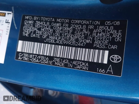 2009 Toyota Corolla with VIN JTDBL40E999052447, listed as a IAAI auction lot 41914900 with 133,676 mi miles. Bid and sale history available at carsss.com. Image 9.