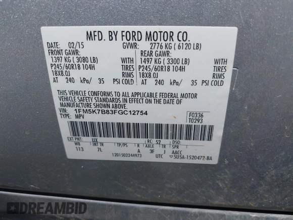 2015 Ford Explorer z VIN 1FM5K7B83FGC12754, wystawiony jako IAAI lot #42296111 z przebiegiem 224 135 mil mil oraz . Historia ofert i sprzedaży dostępna na DreamBid. Obrazek 9.