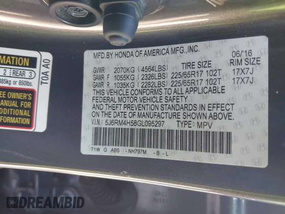 2016 Honda CR-V EX with VIN 5J6RM4H58GL095297, listed as a IAAI auction lot 41386994 with 154,595 mi miles and . Bid and sale history available at DreamBid. Image 9.