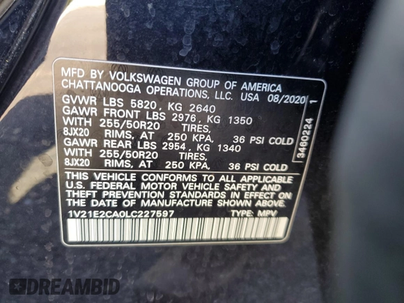 2020 Volkswagen Atlas SE z VIN 1V21E2CA0LC227597, wystawiony jako Copart lot #54232965 z przebiegiem 98 989 mil mil oraz Szkoda całkowita • Salvage title. Historia ofert i sprzedaży dostępna na DreamBid. Obrazek 13.