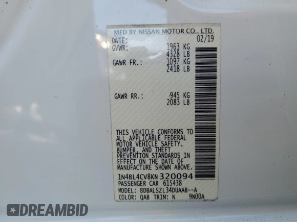2019 Nissan Altima 2.5 SR with VIN 1N4BL4CV8KN320094, listed as a Copart auction lot 48424995 with 57,642 mi miles and Salvage Title. Bid and sale history available at carsss.com. Image 12.