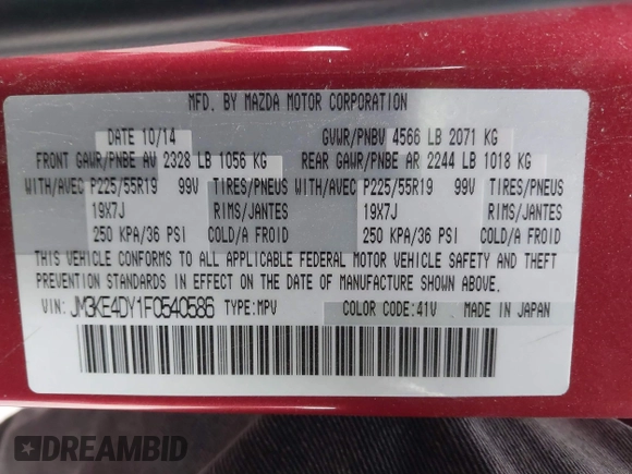 2015 Mazda CX-5 Grand Touring with VIN JM3KE4DY1F0540586, listed as a IAAI auction lot 41710216 with 148,800 mi miles. Bid and sale history available at carsss.com. Image 9.