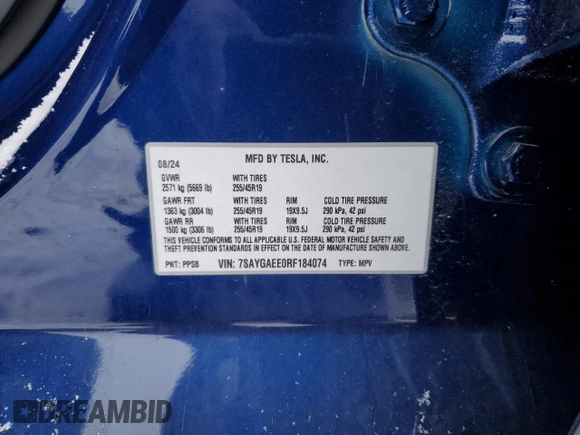 2024 Tesla Model Y Long Range with VIN 7SAYGAEE0RF184074, listed as a Copart auction lot 44333645 with 11,403 mi miles and Salvage Title. Bid and sale history available at DreamBid. Image 14.
