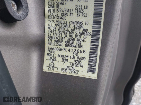 2008 Nissan Frontier SE with VIN 1N6AD06W38C412666, listed as a IAAI auction lot 41515529 with 120,539 mi miles and . Bid and sale history available at DreamBid. Image 9.
