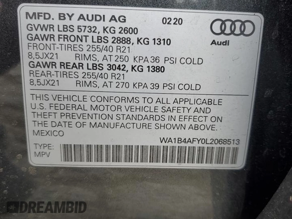 2020 Audi SQ5 Premium Plus with VIN WA1B4AFY0L2068513, listed as a Copart auction lot 54451455 with 37,871 mi miles and Salvage Title. Bid and sale history available at DreamBid. Image 14.
