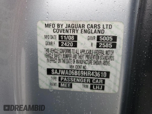 2009 Jaguar XF Premium Luxury with VIN SAJWA06B69HR43610, listed as a Copart auction lot 47394115 with 173,426 mi miles and Salvage Title. Bid and sale history available at DreamBid. Image 12.