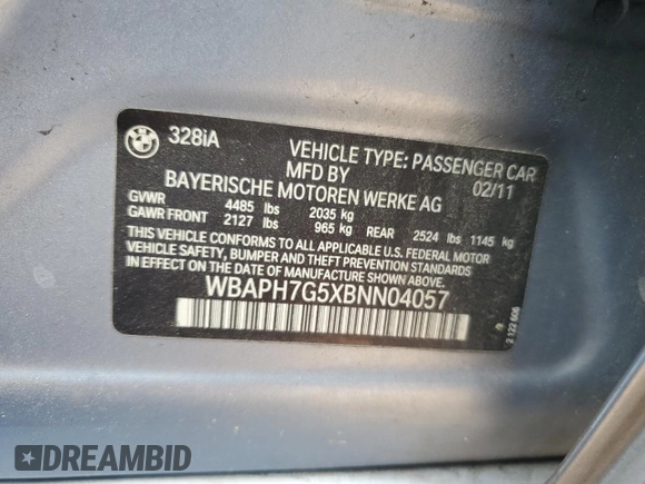2011 BMW 3 Series 328i with VIN WBAPH7G5XBNN04057, listed as a Copart auction lot 51295015 with 167,185 mi miles and Salvage Title. Bid and sale history available at carsss.com. Image 12.