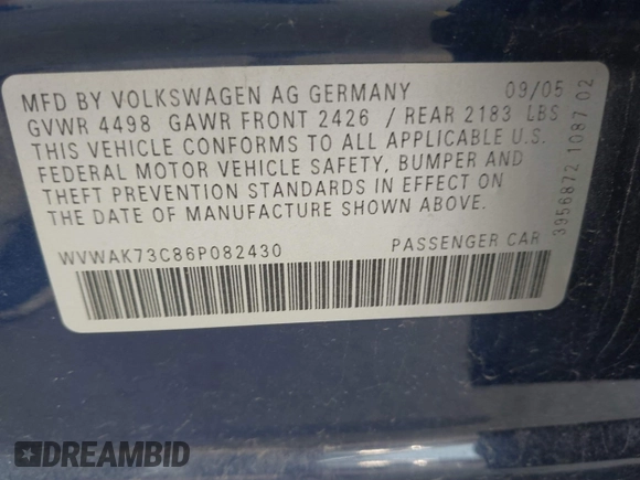 2006 Volkswagen Passat Value Edition z VIN WVWAK73C86P082430, wystawiony jako IAAI lot #39916234 z przebiegiem 169 431 mil mil oraz . Historia ofert i sprzedaży dostępna na DreamBid. Obrazek 9.