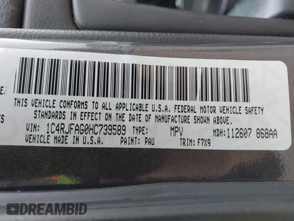 2017 Jeep Grand Cherokee Laredo with VIN 1C4RJFAG0HC739589, listed as a IAAI auction lot 41454746 with 133,868 mi miles. Bid and sale history available at carsss.com. Image 9.