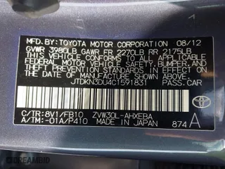 2012 Toyota Prius One with VIN JTDKN3DU4C1591831, listed as a IAAI auction lot 41918102 with 167,443 mi miles. Bid and sale history available at carsss.com. Image 9.