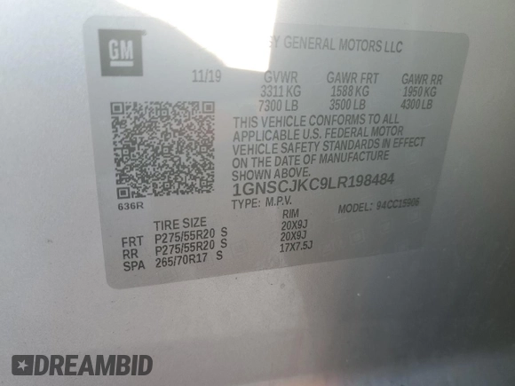 2020 Chevrolet Suburban Premier with VIN 1GNSCJKC9LR198484, listed as a Copart auction lot 87354514 with 115,008 mi miles and Salvage title. Bid and sale history available at DreamBid. Image 13.