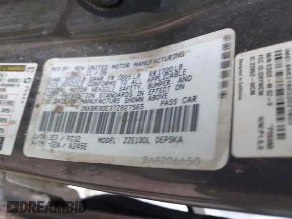 2007 Toyota Corolla CE with VIN 1NXBR30E37Z827565, listed as a IAAI auction lot 42096373 with 199,132 mi miles and . Bid and sale history available at DreamBid. Image 9.
