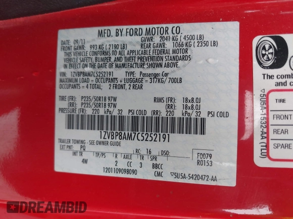 2012 Ford Mustang Premium with VIN 1ZVBP8AM7C5252191, listed as a IAAI auction lot 42498076 with 180,727 mi miles and . Bid and sale history available at DreamBid. Image 9.