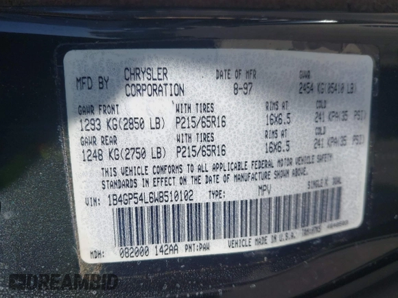 1998 Dodge Caravan LE z VIN 1B4GP54L6WB510102, wystawiony jako IAAI lot #42477633 z przebiegiem Nie podano mil oraz . Historia ofert i sprzedaży dostępna na DreamBid. Obrazek 9.