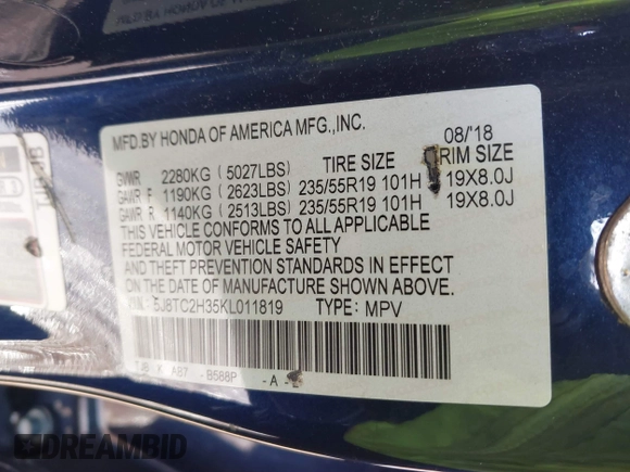 2019 Acura RDX with VIN 5J8TC2H35KL011819, listed as a IAAI auction lot 41672609 with 107,750 mi miles and . Bid and sale history available at DreamBid. Image 9.