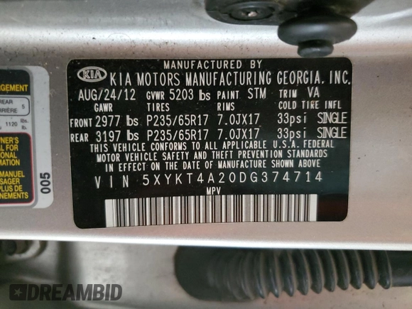 2013 Kia Sorento LX with VIN 5XYKT4A20DG374714, listed as a Copart auction lot 55486465 with Not provided miles and Salvage title. Bid and sale history available at DreamBid. Image 12.