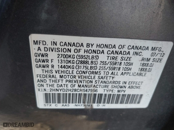 2012 Acura MDX with VIN 2HNYD2H28CH547956, listed as a IAAI auction lot 41748207 with 132,185 mi miles. Bid and sale history available at carsss.com. Image 9.