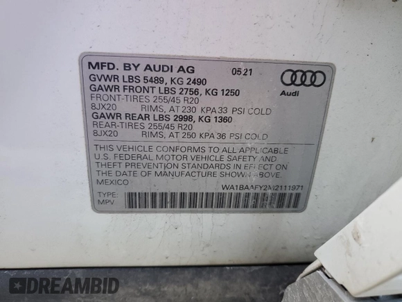 2021 Audi Q5 Premium Plus with VIN WA1BAAFY2M2111971, listed as a Copart auction lot 45632625 with Not provided miles and Salvage title. Bid and sale history available at DreamBid. Image 14.